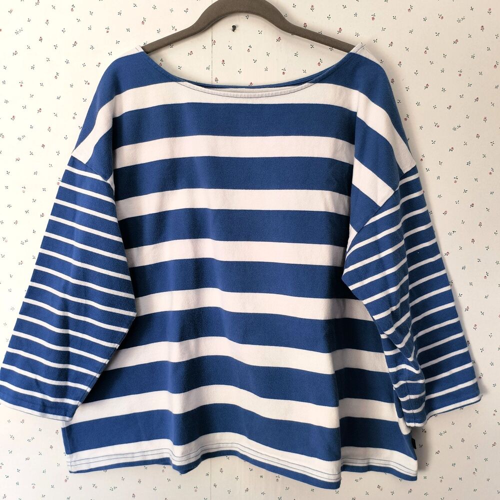 LL Bean Top Womens Size 2X Blue White Striped Cotton Breton Fisherman Coastal